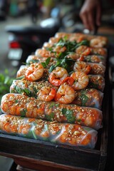 Wall Mural - Fresh shrimp spring rolls arranged on a wooden tray, garnished with herbs and sesame seeds.