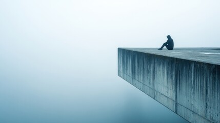 Aufkleber - Lonely figure seated on a foggy bridge overlooking a misty abyss during twilight hours. Generative AI