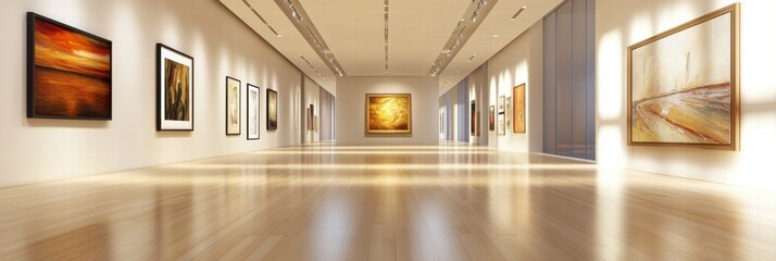 Poster - Luxurious art gallery space showcasing contemporary paintings with natural light filtering through large windows. Generative AI
