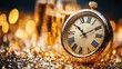 © Hyka - Vintage Gold Pocket Watch on Sparkling Glitter Background with Champagne Glasses for New Year Celebration and Time Management Concept