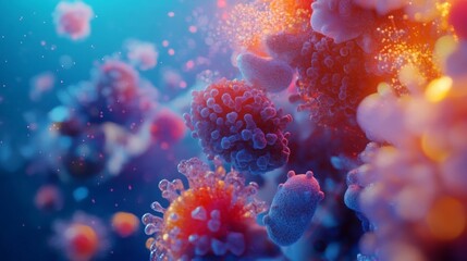 Poster - A vibrant, abstract representation of microscopic life, showcasing colorful organic shapes and glowing elements against a blue backdrop.