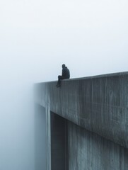 Aufkleber - Lonely figure sitting at the edge of a foggy bridge conveys solitude and contemplation in a mysterious atmosphere. Generative AI