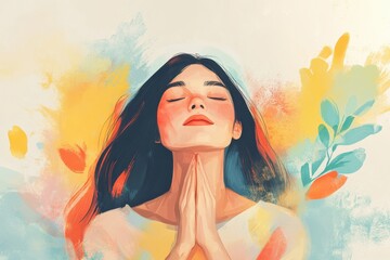 Wall Mural - young woman meditating with closed eyes. Positive thinking and open mind concept. Good mental being. calm and inner kindness. Illustration