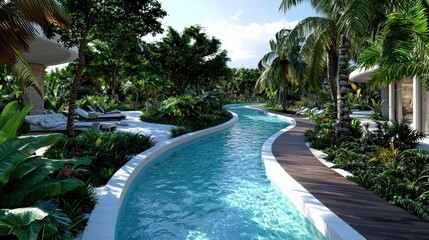 Wall Mural - Lazy river pool winding through a tropical paradise