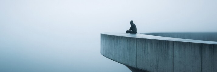 Poster - Lone figure sits quietly on the edge of a foggy bridge contemplating lifes solitude and tranquility during early morning hours. Generative AI