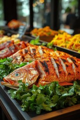 Wall Mural - Grilled red snapper fillets displayed on bed of cilantro.