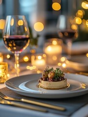 Poster - Luxurious dining experience with gourmet dish and elegant decor in a softly lit setting. Generative AI