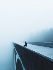 Aufkleber - Lonely figure sits on the edge of a foggy bridge reflecting on solitude in a serene, misty environment. Generative AI