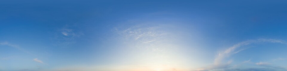 Wall Mural - Sky 360 panorama - Bright blue sky filled with fluffy white Cirrus clouds. Seamless hdr spherical 360 panorama. Sky dome sky replacement for aerial drone 360 panoramas. Weather and climate change