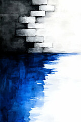 Sticker - A textured abstract artwork featuring a dark brick wall transitioning to a vibrant blue water reflection.