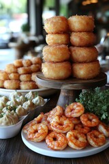 Wall Mural - Delicious fried food, shrimp, and dumplings on a table.