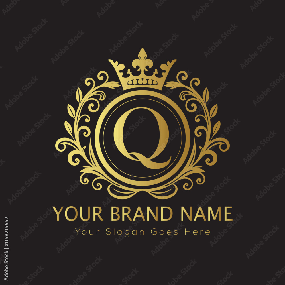 Letter Q Luxury brand logo design with a royal gold crown emblem and ...