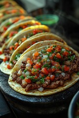 Wall Mural - Delicious tacos with meat, tomato, onion, and cilantro on a dark wooden board.