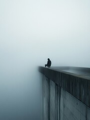 Aufkleber - Lonely figure contemplating life on the edge of a foggy bridge during an early morning haze. Generative AI
