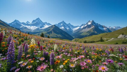 Wall Mural - a serene alpine meadow covered in vibrant wildflowers, framed by snow-capped peaks under a bright bl