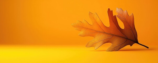 Wall Mural - Oak leaves abstract background idea. A solitary orange leaf resting on a vibrant yellow background, symbolizing autumn.