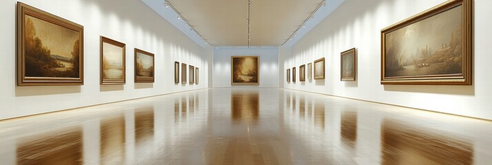 Poster - Luxurious art gallery featuring classical paintings and polished wooden floors in an elegant exhibition space. Generative AI