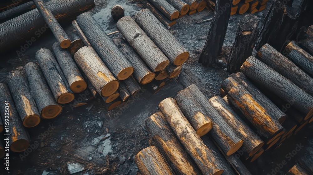 Logging Tree Grids Log trunks pile sawn trees, cut trees along prepared for removal. Wood ...