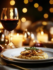 Poster - Luxurious dining experience featuring gourmet dish and glass of red wine during an elegant evening gathering. Generative AI