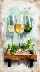 Poster - Wine Aging and Wine Tasting, Three elegant wine glasses filled with white, amber, and green wine, resting on a rustic wooden board adorned with fresh herbs.