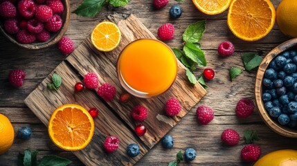 Wall Mural - Fresh orange juice with fruits and berries on a wooden table