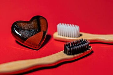 Two toothbrushes sit on a bright red background