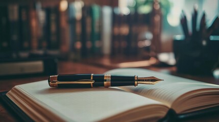 Leinwandbilder - Luxury fountain pen with gold accents resting on an open book in a serene library setting. Generative AI