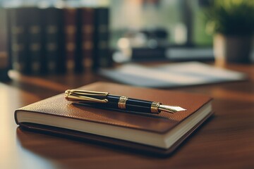 Aufkleber - Luxury fountain pen with gold accents resting on a leather notebook in an elegant office setting. Generative AI
