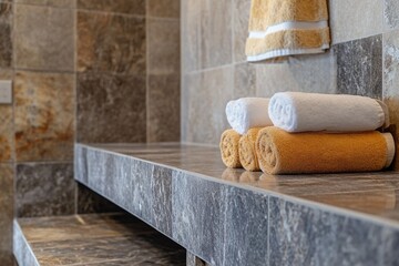 Poster - Towels stacked on a shelf in a bathroom