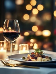 Poster - Luxurious dining experience featuring gourmet dish and fine wine in an elegant setting at night. Generative AI