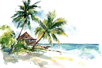 Wall Mural - A colorful watercolor painting of a peaceful beach with palm trees and clear blue sky