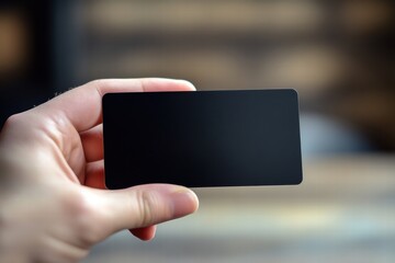Poster - Sleek black gift card held by hand with ample space for personalized design and text on a blurred background. Generative AI