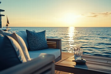 Poster - Luxury yacht deck with elegant furniture overlooking peaceful sunset on the ocean. Generative AI