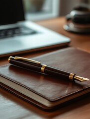 Aufkleber - Luxury fountain pen with gold accents resting on a brown leather notebook on a wooden desk in a modern office setting. Generative AI