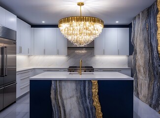 Modern kitchen with white cabinets, navy blue island, and quartz countertops