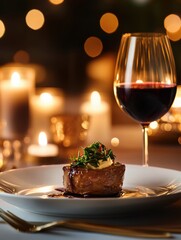 Poster - Luxurious dining table set for an elegant evening with gourmet dish and wine glass. Generative AI