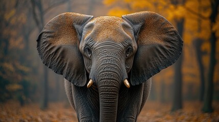 Wall Mural - A lone elephant walks through a dense forest with tall trees in the background