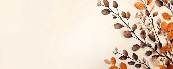 Wall Mural - Oak leaves abstract background idea. Elegant branches with autumn leaves on a soft beige background, perfect for seasonal decor.