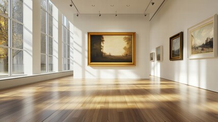 Poster - Visit to a luxurious art gallery showcasing elegant paintings and spacious design featuring natural light. Generative AI