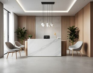 minimalist hotel reception desk interior design, modern marble and wood counter, geometric textured wall, soft warm lighting, polished concrete floor, natural light ambiance