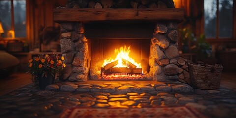 Poster - Fireplace with burning logs, ideal for cold winter nights or cozy home atmosphere