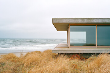 Coastal modern architecture blends with natural scenery near the beach, showcasing an expansive view of the ocean on a cloudy day