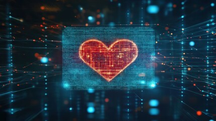Wall Mural - heart symbol in digital matrix with neon light effects and data flow