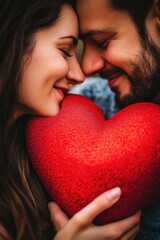 Wall Mural - A pair of people holding a bright red heart, symbolizing love and affection