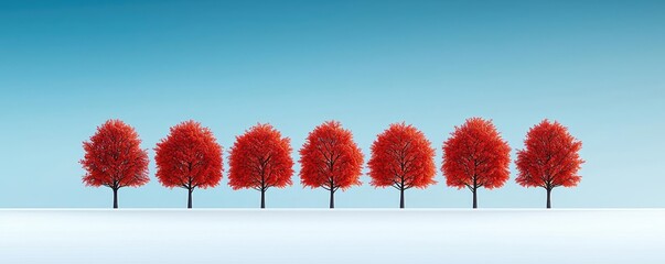 Wall Mural - Maple tree abstract background concept. A serene landscape featuring eight vibrant red trees against a clear blue sky.