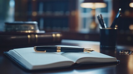 Aufkleber - Luxury fountain pen with gold accents resting on an open notebook in an elegant study setting. Generative AI