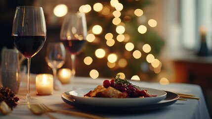 Poster - Luxurious dining table set for an elegant meal with gourmet dishes and festive atmosphere. Generative AI