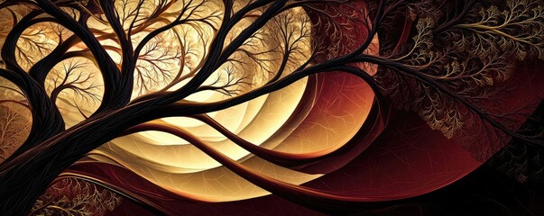 Poster - Mahogany tree abstract background idea. A captivating abstract depiction of intertwined branches against a glowing backdrop.