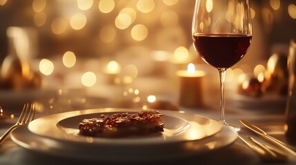 Poster - Elegant dining table set with gourmet dish and wine in soft candlelight ambiance during evening gathering. Generative AI