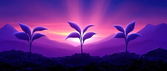 Wall Mural - Silhouetted plants against a vibrant sunset illuminating the landscape.